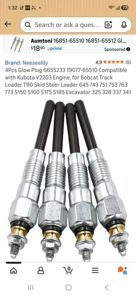Kubota 15261-65512 Glow Plugs For V2203 Bobcat 751 753 763 773 S160 S175 S185